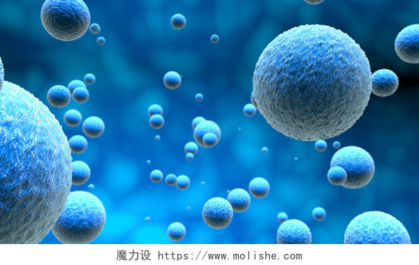 3D渲染蓝色背景中的微细胞显微细胞在蓝色的背景，3d 图